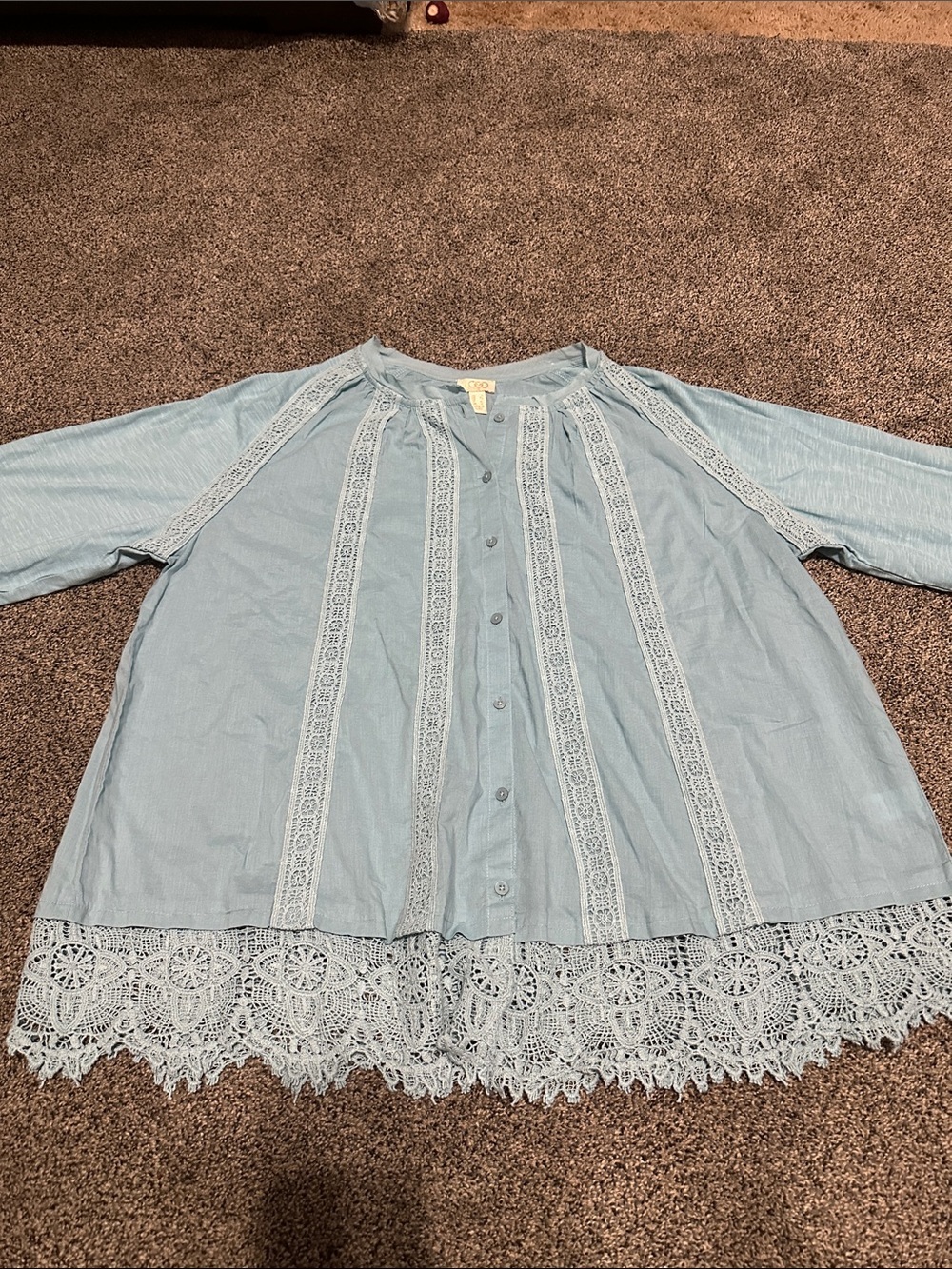 LOGO LAVISH Light Blue Lace-Trim Button Front Blouse 100% COTTON SZ L
